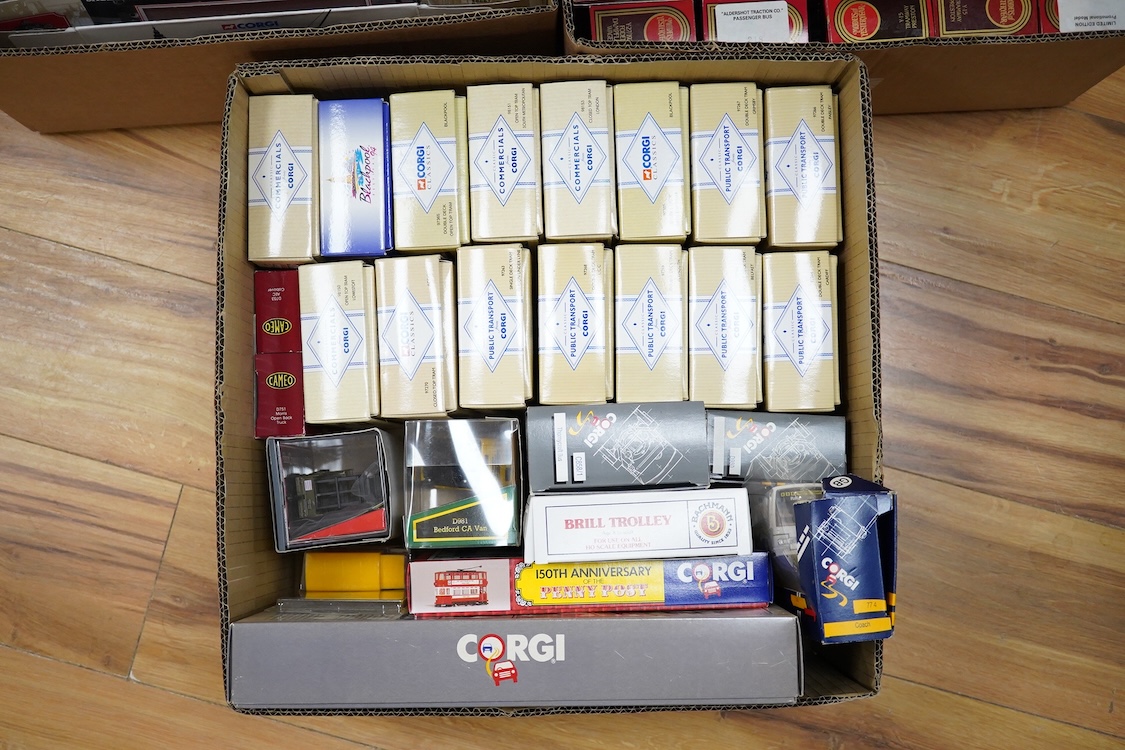 Sixty boxed diecast vehicles by Corgi Classics, Matchbox Models of Yesteryear, etc. including a large number of trams and other public transport vehicles, operators include; LCC, Plymouth, Blackpool, Belfast, Cardiff, et